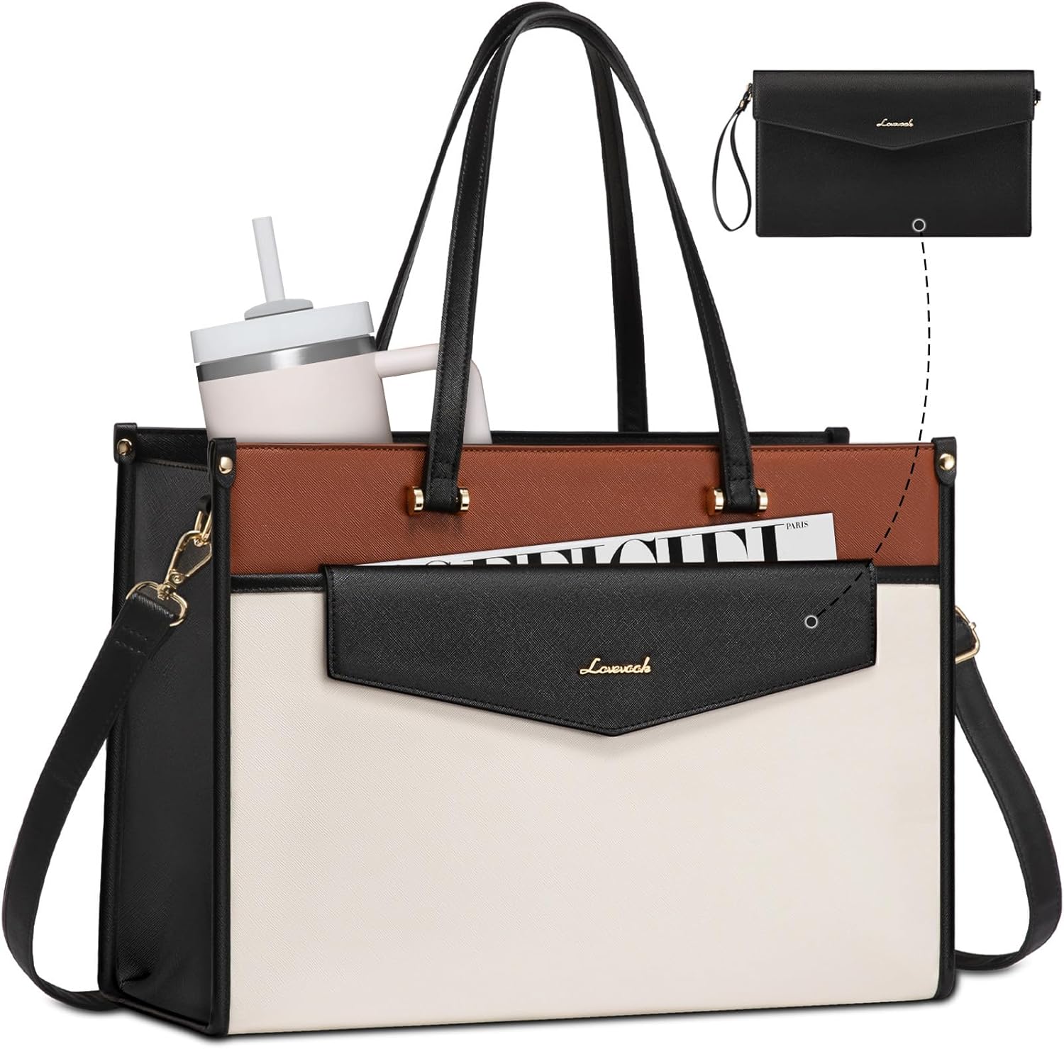 LOVEVOOK Laptop Bag for Women, 15.6'' Laptop Tote Purse 2-in-1 Professional Work Bag Business Briefcase with Clutch Purse, Waterproof Leather Computer Handbag for Teacher Office Travel - Image 2