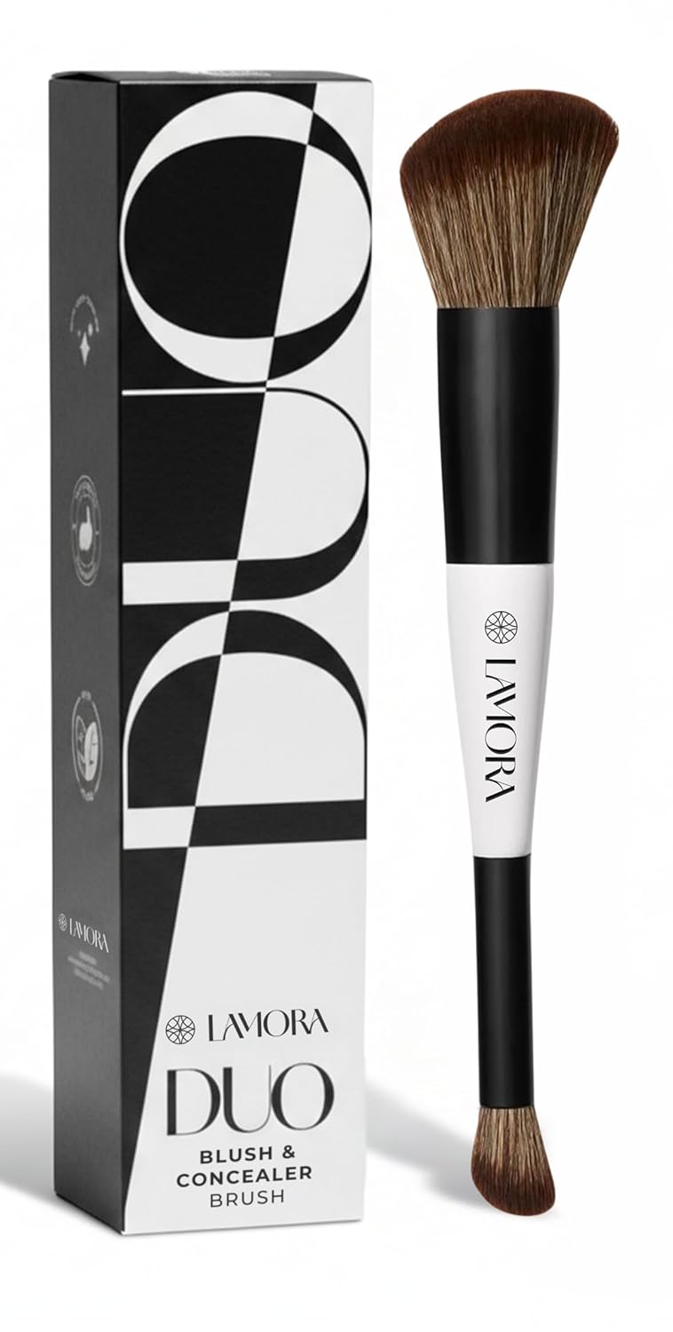 Lamora Liquid Blush + Concealer Foundation Dual-Ended Makeup Brush - Full Face Duo Angled Makeup Brush for Powder, Cream or Liquid Bronzer Highlighter Blush - Vegan, Cruelty-Free, Synthetic Bristles - Image 2