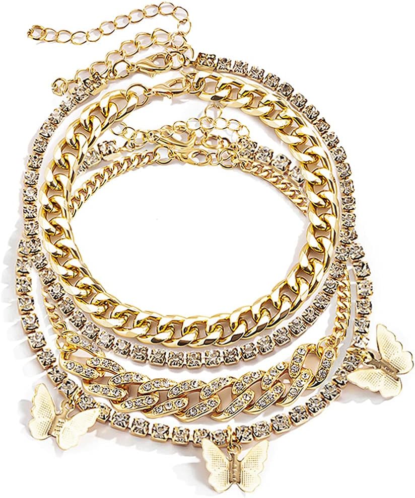 Layered Butterfly Anklet for Women Charms Butterfly Gold Silver Rhinestone Adjustable Cuban Anklets - Image 2