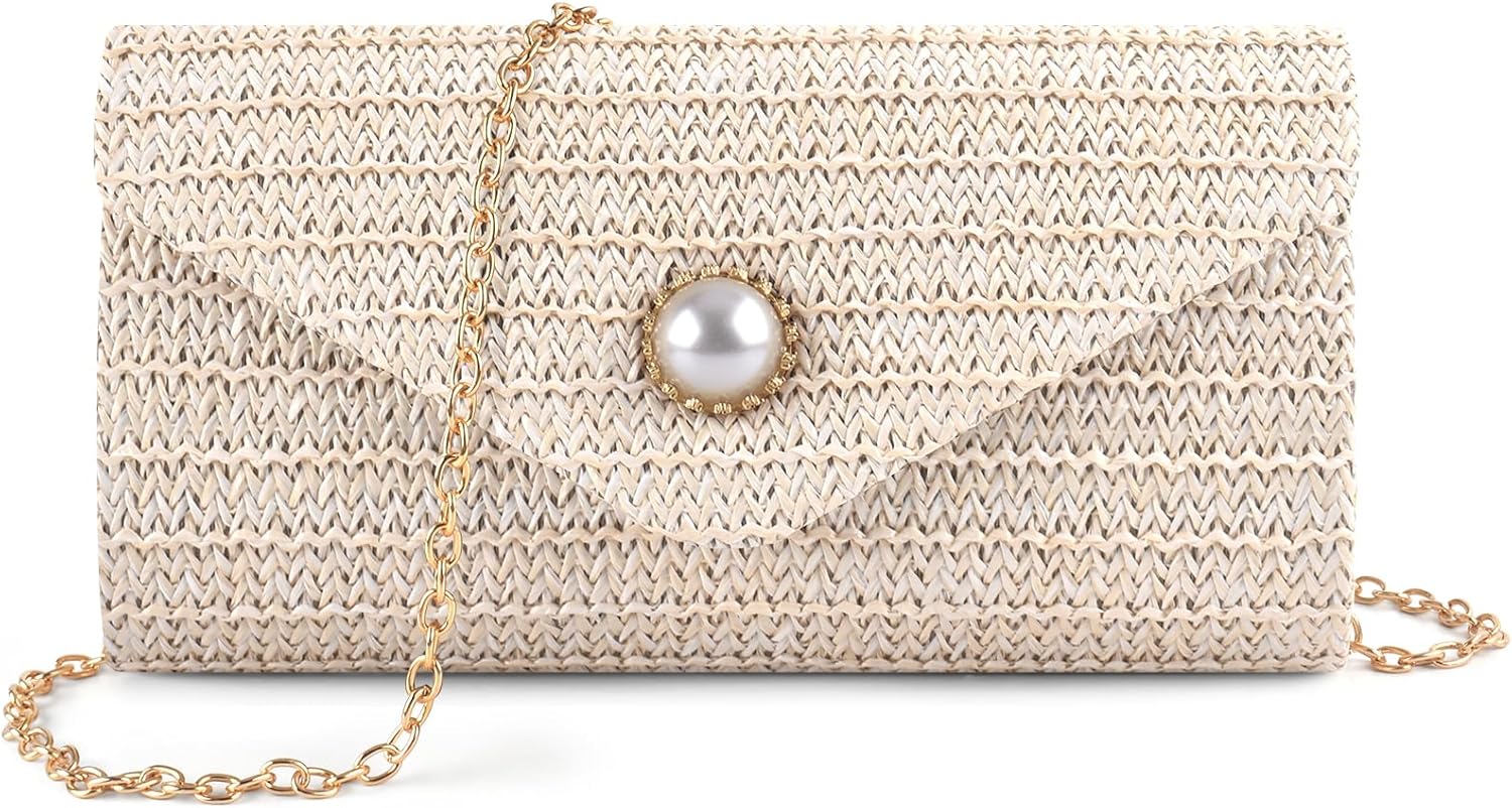 PACETAP Straw Clutch Purse for Women, Pearl Decoration Boho Crossbody Bags, Evening Clutch Purses Handbags for Wedding Party Cocktail Prom Dinner(Beige white) - Image 2
