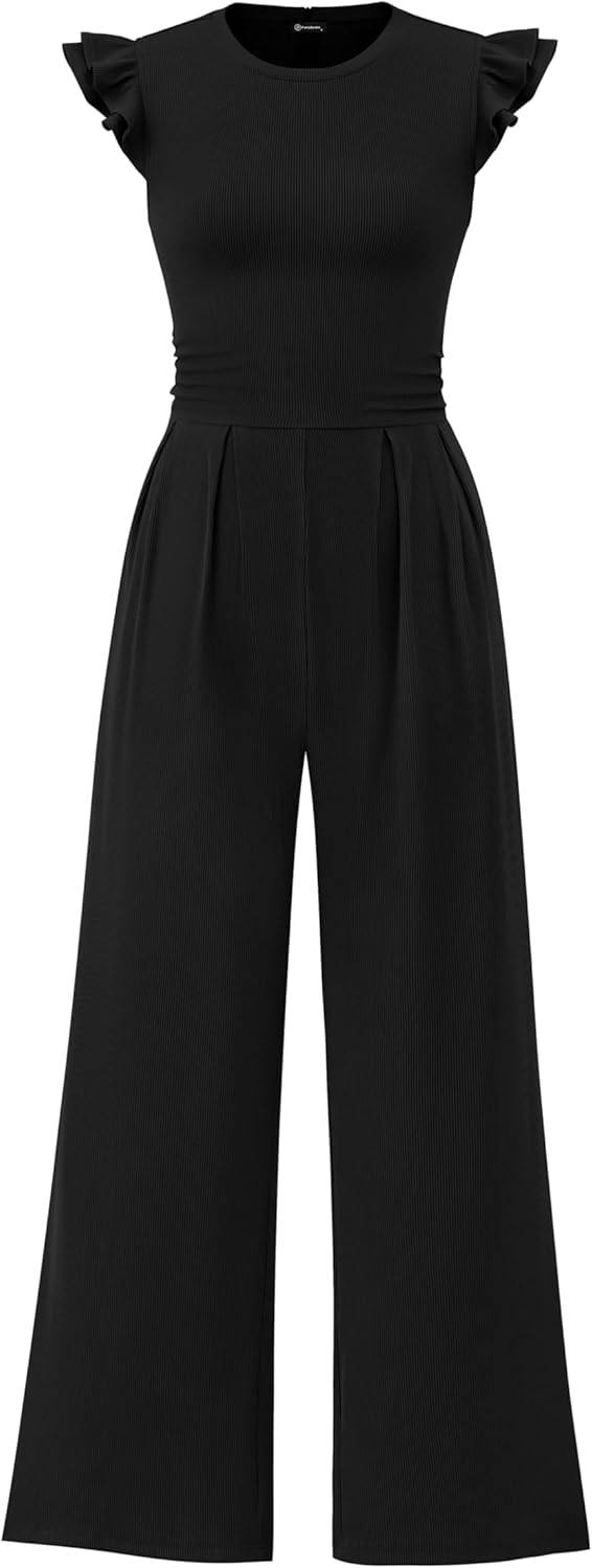 PRETTYGARDEN Summer Jumpsuits for Women Dressy 2026 Fashion Ruffle Cap Sleeve Romper Crew Neck Rib Knit One Piece Outfits - Image 2