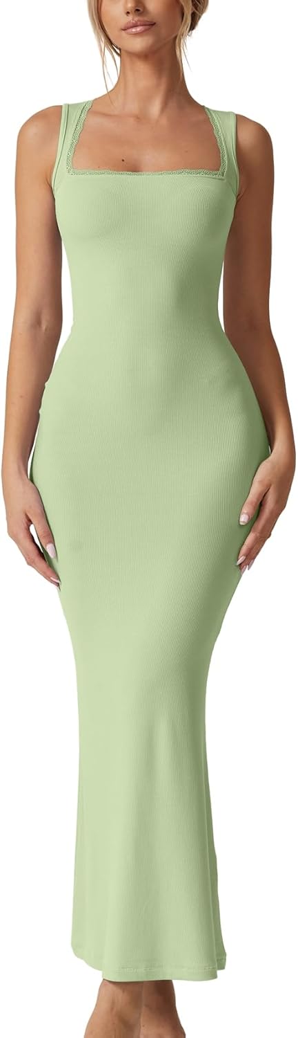 QINSEN Women's Square Neck with Lace Detail Long Maxi Dress Sleeveless Lounge Ribbed Full Length Dresses - Image 2