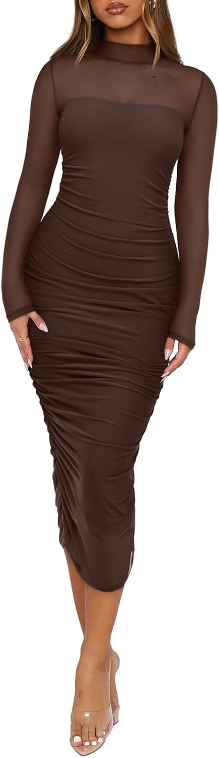 REORIA Women's Fall Mesh Sheer Long Sleeve Midi Ruched Bodycon Dress Mock Neck Elegant Evening Party Cocktail Dresses - Image 2