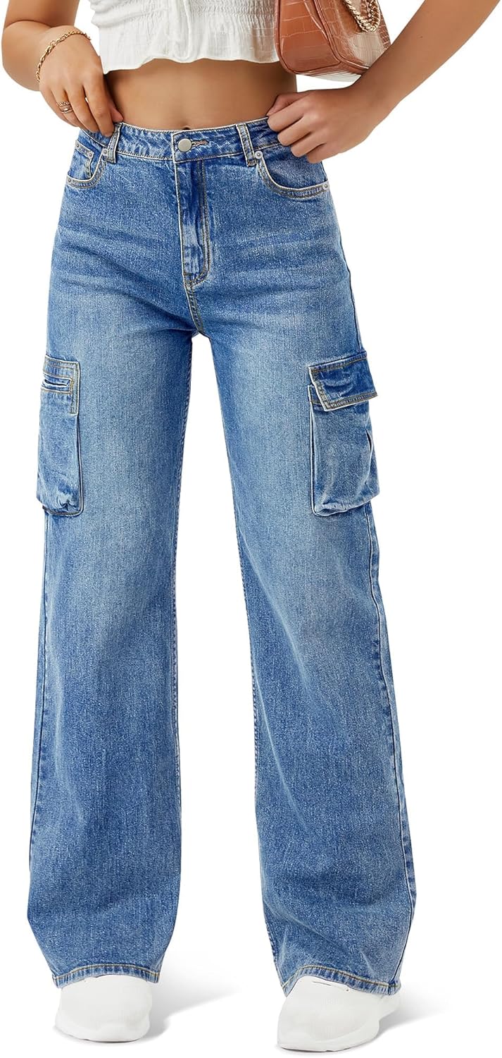 Women High Waisted Cargo Jean for Women with 6 Pockets Straight Wide Leg Jean Casual Baggy Pants - Image 2