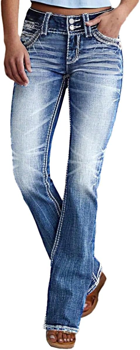 Women Mid Waisted Bootcut Jeans Zip Stretchy Slim Casual Double Button Flare Denim Pants with Distressed Pocket - Image 2