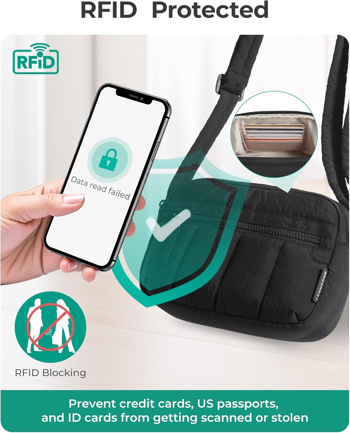 BAGSMART Cross Body Purse, Mini Crossbody Bags for Women Travel Purse, Puffy Shoulder Handbag Wallet with RFID Blocking Slots, Black-small - Image 6