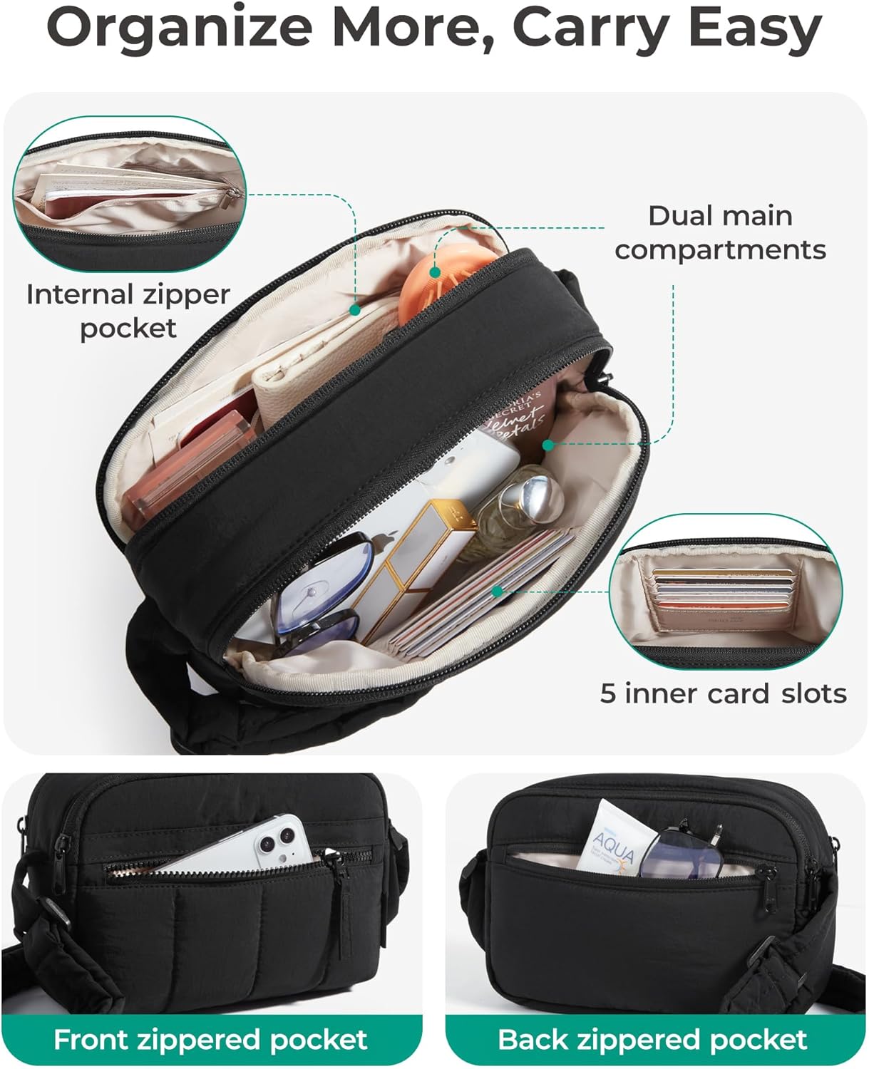 BAGSMART Cross Body Purse, Mini Crossbody Bags for Women Travel Purse, Puffy Shoulder Handbag Wallet with RFID Blocking Slots, Black-small - Image 7