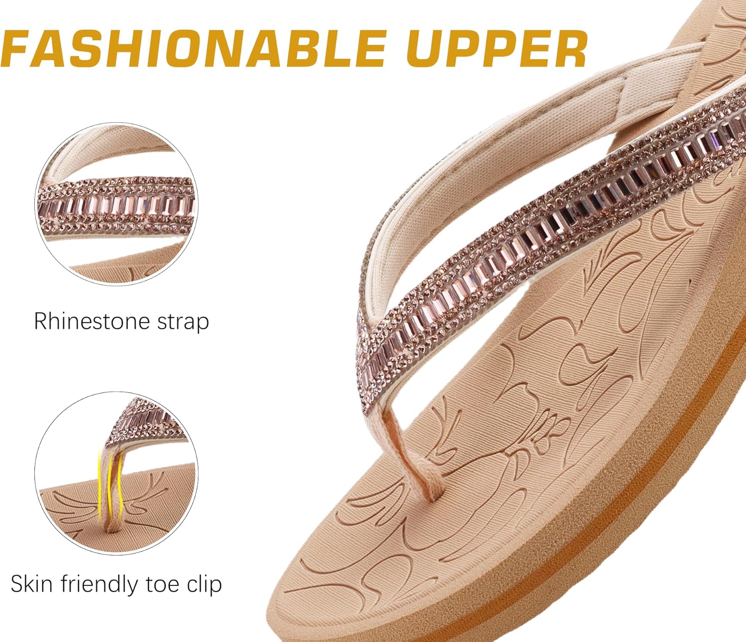 ONCAI Women's Flip Flops with Rhinestone, Arch Support Yoga Mat Comfort Walking Summer Beach Thong Sandals with Plantar Fasciitis Rubber Soles US Size 5-11 - Image 5