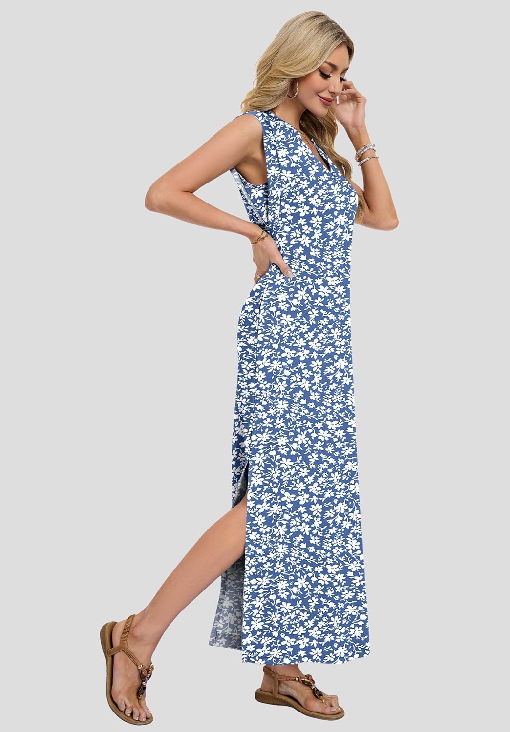 AUSELILY Women's V Neck Maxi Dresses, Straight-Cut Wrinkle-Free, Summer Split Sleeveless Vacation Dress with Pockets 2026 - Image 5