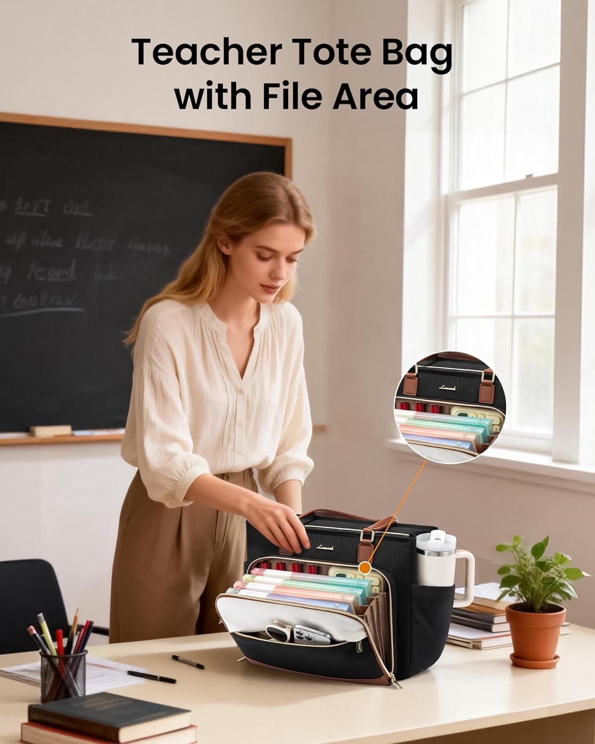 LOVEVOOK Teacher Tote Bag, Laptop Bag for Women with Large Cup Holder & Accordion File Area, Work Tote Bag for Business - Image 4