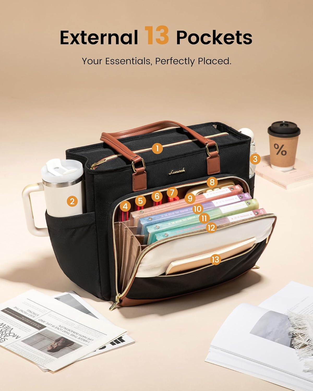 LOVEVOOK Teacher Tote Bag, Laptop Bag for Women with Large Cup Holder & Accordion File Area, Work Tote Bag for Business - Image 6