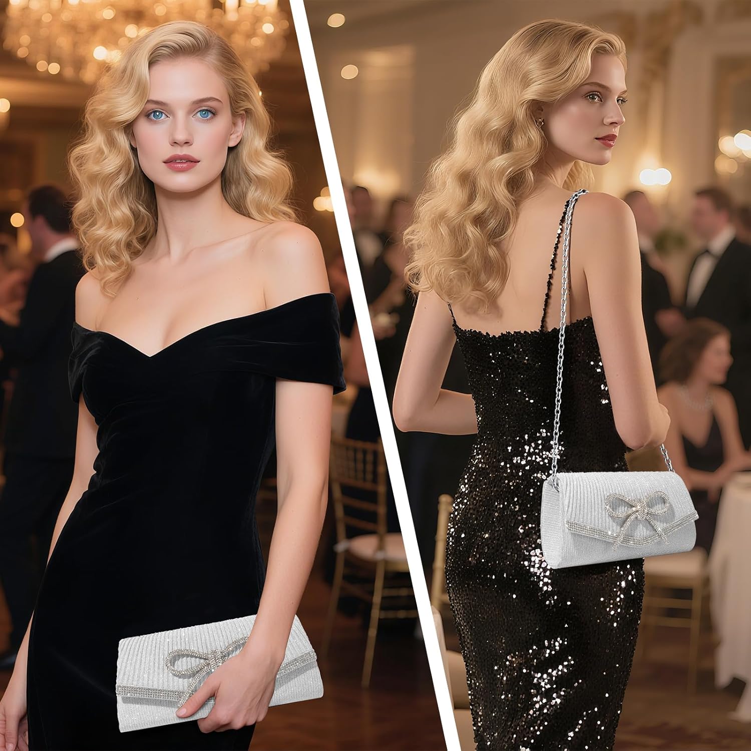 JIAN YA NA Elegant Bow Evening Clutch Purse for Women, Sparkly Glitter Rhinestone Wedding Prom Party Bag, Bridesmaid Cocktail Dressy Handbag for Bride & Special Occasions - Image 3