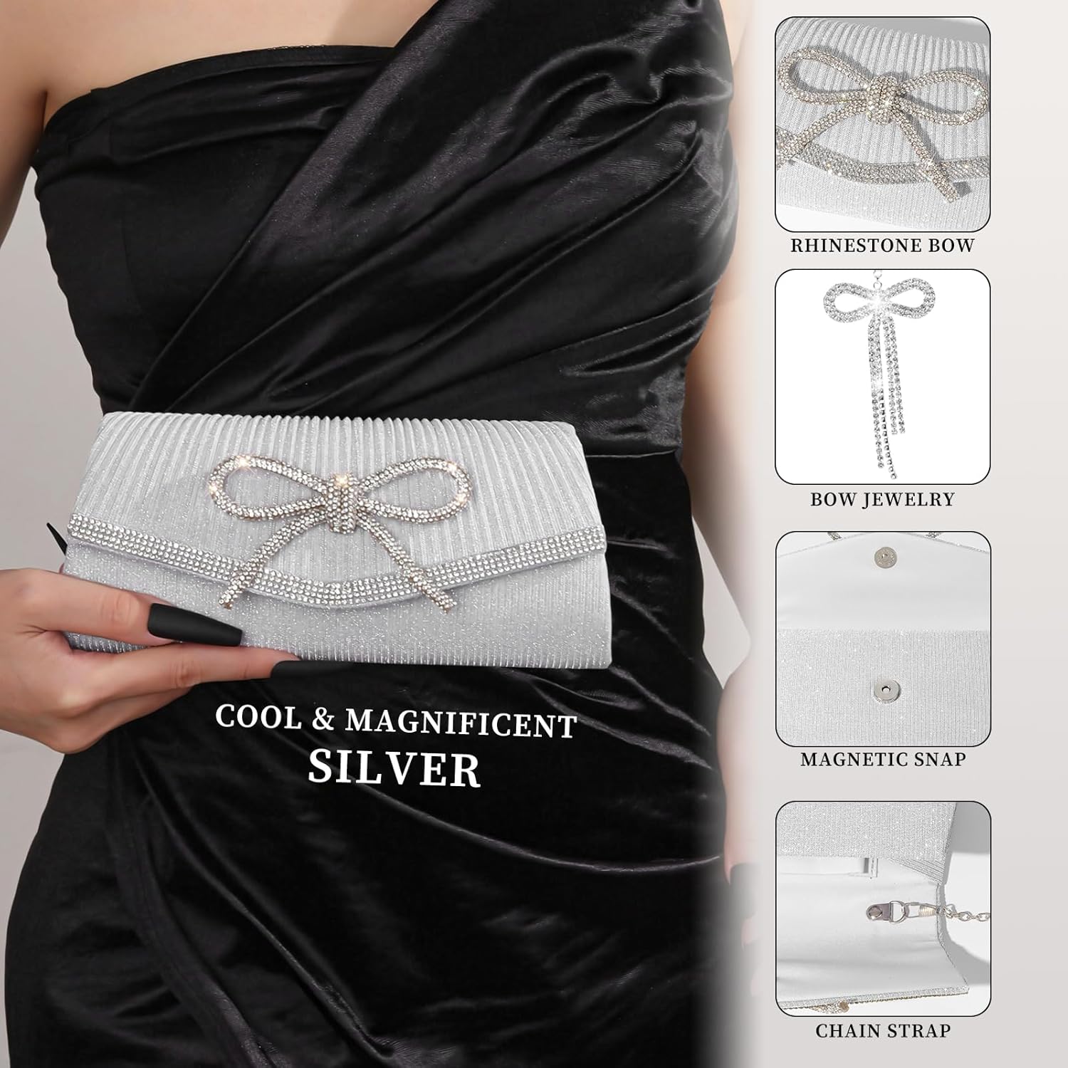 JIAN YA NA Elegant Bow Evening Clutch Purse for Women, Sparkly Glitter Rhinestone Wedding Prom Party Bag, Bridesmaid Cocktail Dressy Handbag for Bride & Special Occasions - Image 4