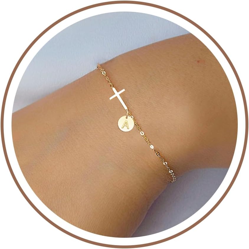 Cross Bracelet for Women Easter Basket Stuffers Dainty Cross Bracelet with Initials Link Chain Bracelets Christian Gifts for Women Teen Girl Gift Easter Confirmation Baptism Religious Jewelry - Image 2