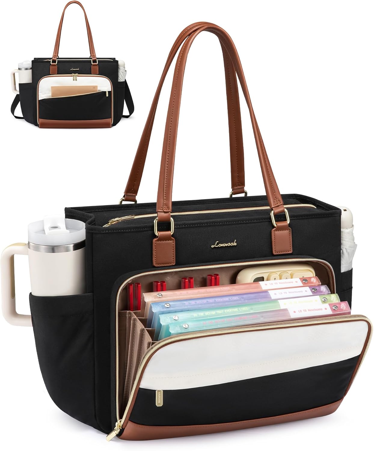 LOVEVOOK Teacher Tote Bag, Laptop Bag for Women with Large Cup Holder & Accordion File Area, Work Tote Bag for Business - Image 2