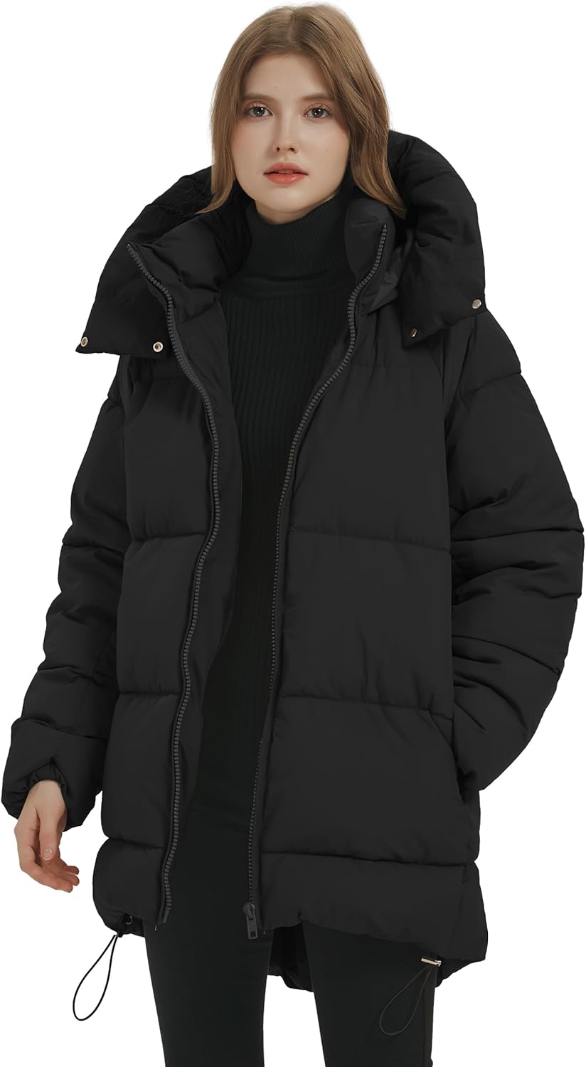 PEHMEA Women Mid-Length Puffer Hooded Jacket Winter Padded Warm Coat Thicken Outerwear Coats - Image 2